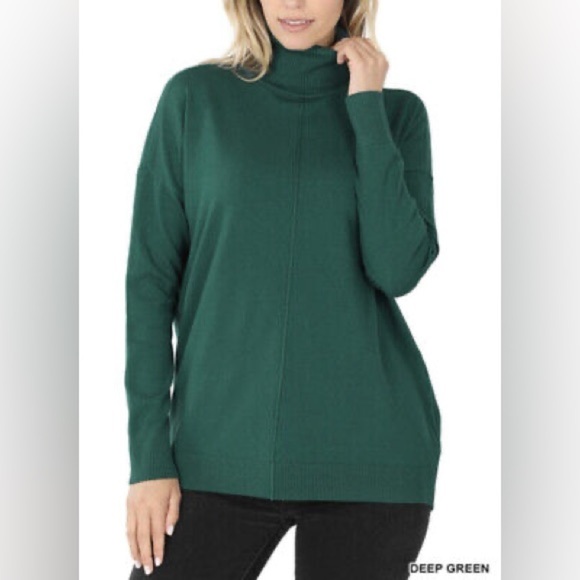 ZENANA HiLo Soft Viscose Turtleneck Front Seam Fine Knit Sweater Deep Green SZ L - Picture 1 of 3